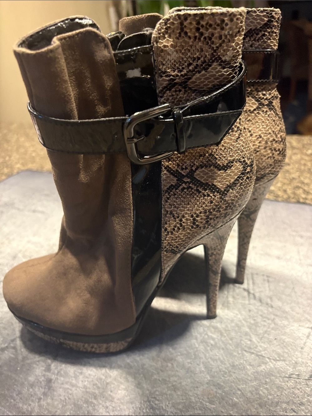 Call It Spring Brown Suede & Snake-Print High Heel Ankle Boots